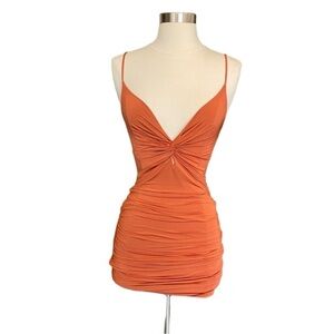 Better Be Ruched Body-con Plunge Mini Dress In Burnt Orange